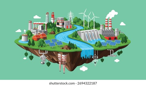 Illustration of a floating island with various renewable and non-renewable energy sources and factories.