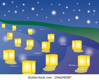 Illustration of the floating of lanterns under the starlit sky.