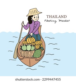 Illustration of floating market vendor rowing the boat, woman selling fruit in the boat