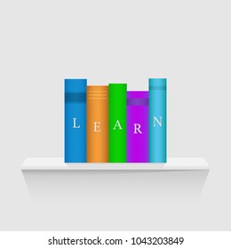 Illustration of a floating shelf with colorful books isolated on a white background.