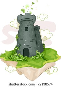 Illustration of a Floating Tower Surrounded by Shamrocks