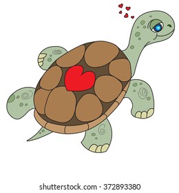 Illustration of the floating turtle with heart on her armor for the children's book of a coloring. St. Valentine's Day.Valentine Card, Valentine Label. Vector Illustration EPS 8