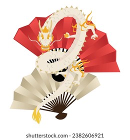 Illustration of a floating white dragon and a red and white fan.