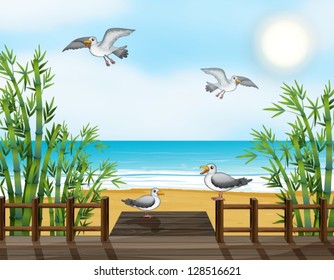 Illustration of a flock of birds at the bridge