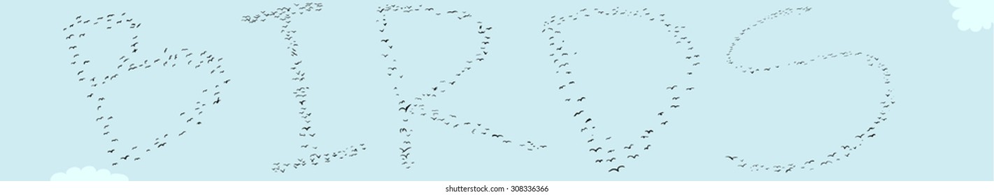 Illustration of flock of birds as letters in sky