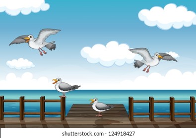 Illustration of a flock of birds looking for foods in the sea