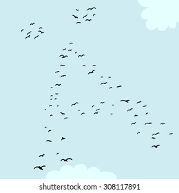 Illustration of a flock of birds in the shape of the diacritical a letter