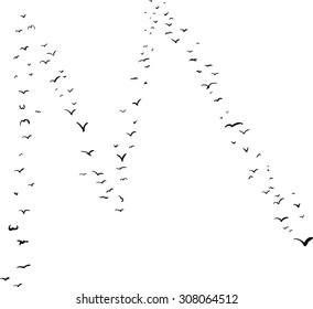 Illustration of a flock of birds in the shape of the letter m