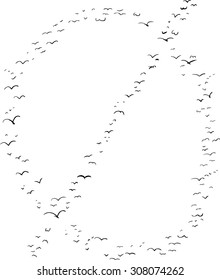 Illustration of a flock of birds in the shape of the letter minuscule o