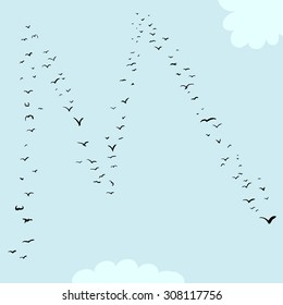 Illustration of a flock of birds in the shape of the letter m