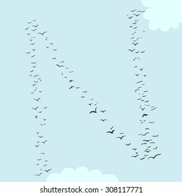 Illustration of a flock of birds in the shape of the letter n