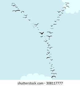 Illustration of a flock of birds in the shape of the letter Y