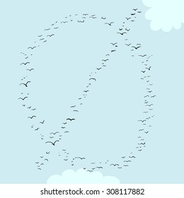 Illustration of a flock of birds in the shape of the letter minuscule o