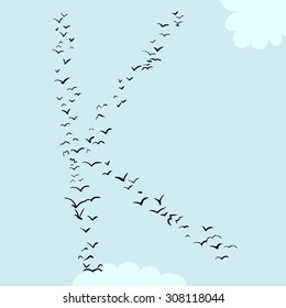Illustration of a flock of birds in the shape of the letter k