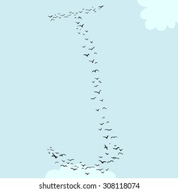 Illustration of a flock of birds in the shape of the letter j