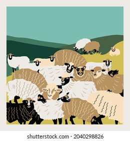 illustration with a flock of sheep and a landscape, vector design for paper, fabric and other surfaces