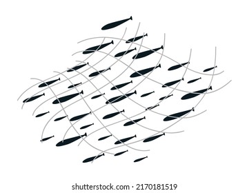 Illustration of a flock of small fish in a fishing net. Fresh seafood for cooking. The silhouette of many fish that are caught on an industrial scale. Template for the design of marine products.