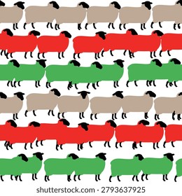 An illustration of a flock of Suffolk sheep in a procession of Christmas colors.