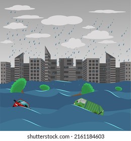 illustration of a flood in the city causing a car apartment to sink, flat design vector