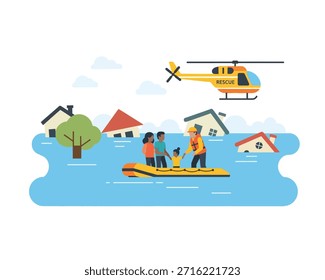 Illustration der Hochwasserrettungsaktion mit Hubschrauber und Boot während einer Naturkatastrophe.