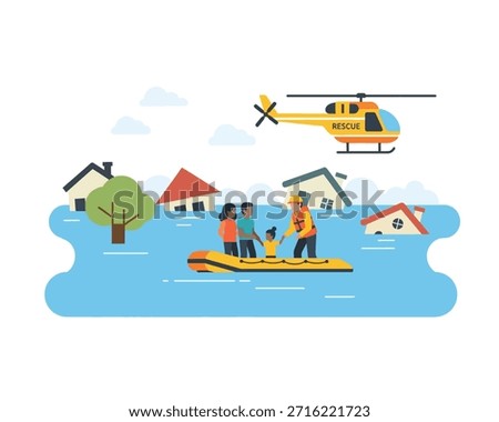 Illustration of flood rescue operation using helicopter and boat during natural disaster.