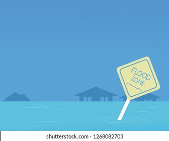 Illustration of a Flood Zone Sign with Rising Water During Hurricane