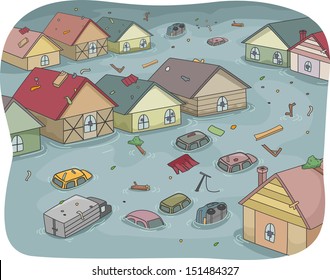 Illustration of a Flooded City with Partially Submerged Houses and Vehicles