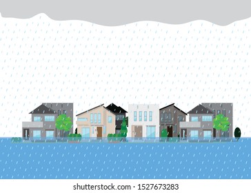 Illustration of flooding and falling rain in a residential area.