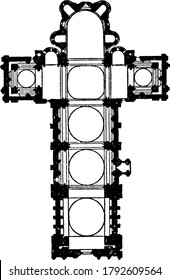 An illustration of the floor plan of Angouleme Cathedral. The designer was bishop Gerard II, one of the most important French figures of the time, who was a professor, vintage line drawing