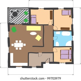 Illustration of floor plan of house, colored doodle style