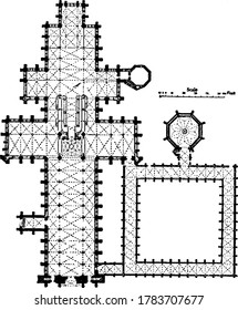 An illustration of the floor plan of Salisbury Cathedral, vintage line drawing or engraving illustration.