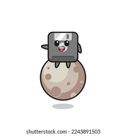 illustration of floppy disk cartoon sitting on the moon , cute style design for t shirt, sticker, logo element