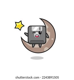 illustration of floppy disk cartoon sitting on the half moon , cute style design for t shirt, sticker, logo element