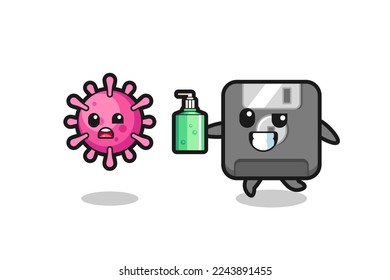 illustration of floppy disk character chasing evil virus with hand sanitizer , cute style design for t shirt, sticker, logo element