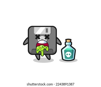 ilustración de un personaje de disquete vómito debido a envenenamiento , diseño de estilo lindo para camiseta, pegatina, elemento logo