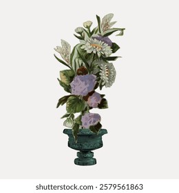 Illustration of a floral arrangement in a vase. Features various flowers with green leaves. Decorative floral design in a classic vase. Elegant floral art. Vintage flower illustration, vector.