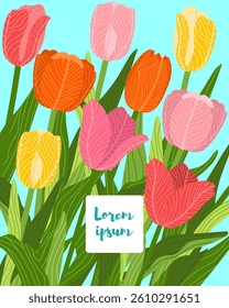 Illustration of a floral background featuring various tulips flowers, with a text placeholder. Ideal for banners, covers, greeting cards, invitations, posters, and other design templates. Hand-drawn