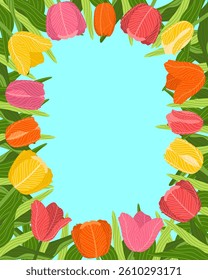 Illustration of a floral background featuring various tulips flowers, with a copy space. Ideal for banners, covers, greeting cards, invitations, posters, and other design templates. Hand-drawn vector