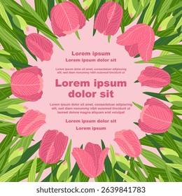 Illustration of a floral background featuring various tulips flowers, with a text placeholder. Ideal for banners, covers, greeting cards, invitations, posters, and other design templates. Hand-drawn