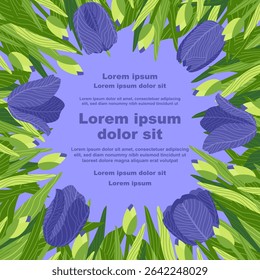 Illustration of a floral background featuring various tulips flowers, with a text placeholder. Ideal for banners, covers, greeting cards, invitations, posters, and other design templates. Hand-drawn