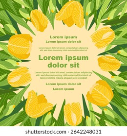 Illustration of a floral background featuring various tulips flowers, with a text placeholder. Ideal for banners, covers, greeting cards, invitations, posters, and other design templates. Hand-drawn