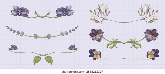 Illustration of floral borders with purple and white flowers. Delicate floral designs with intricate flower details and green stems. Perfect for floral-themed projects. Spring flower vector set.