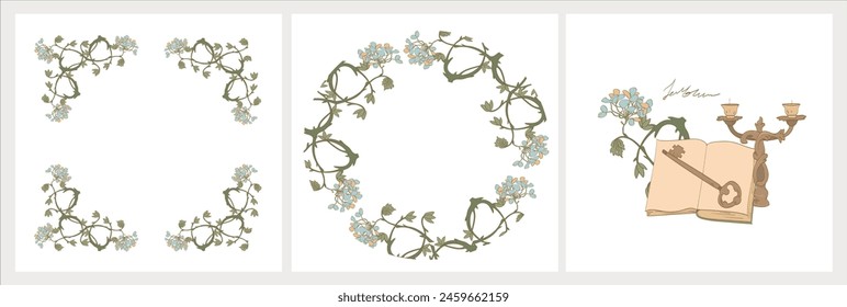 Illustration of floral botanical elements. Vector illustration of frame composition with flowers in vintage style.