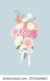 Illustration of a floral bouquet with pink and white flowers, featuring daisies and tulips, tied with a white ribbon on a light blue background. Cute aesthetic illustration vector.