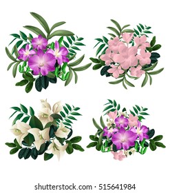 Illustration of  floral bunch set.Plumeria pudica ,Bougainvillea and orchid