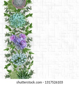 Illustration of floral card template with succulent plants, eucalyptus and cellular background
