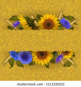 Illustration of floral card template with sunflowers, cornflowers, wheat ears and sacking background

