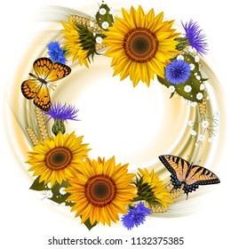 Illustration of floral card template with sunflowers, cornflowers, wheat ears, gypsophila flowers and butterflies isolated
