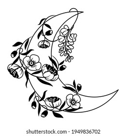  Illustration of floral crescent moon. Silhouette of decorative beautiful flower arrangements with cosmic body. Botany. Trendy t-shirt design.Tattoo.