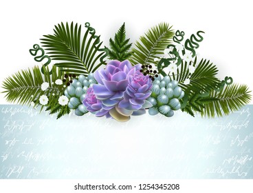 Illustration of floral decoration with palm leaves, succulent plants, gypsophila flowers and horizontal banner
